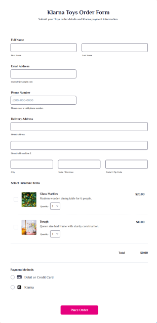 Klarna Toys Order Form Template