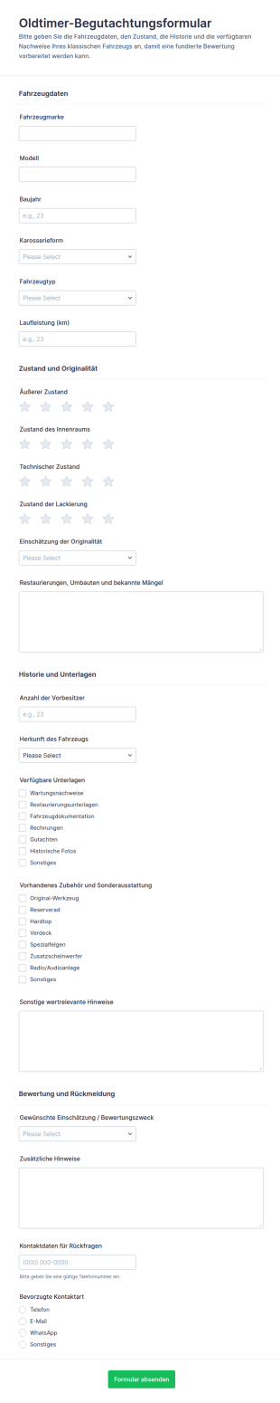 Klassischer Automobilbewertungsbogen