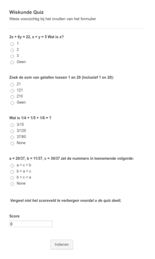 Klein Wiskunde Quiz Formulier