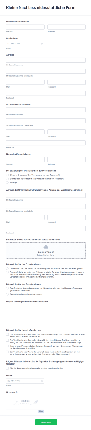 Kleine Nachlass Eidesstattliche Form