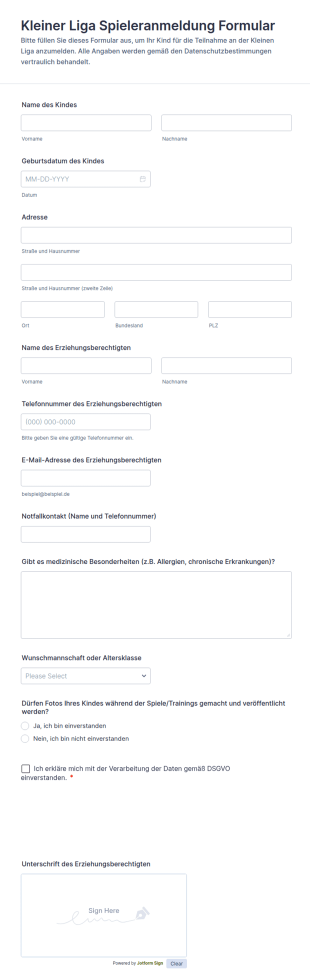 Kleiner Liga Spieleranmeldung Formular