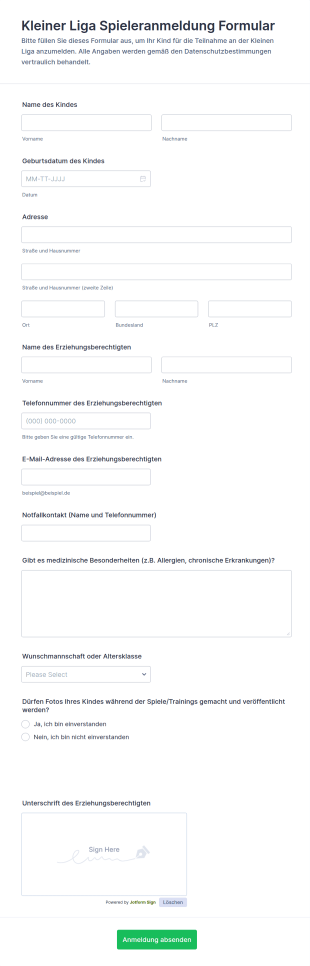 Kleiner Liga Spieleranmeldung Formular