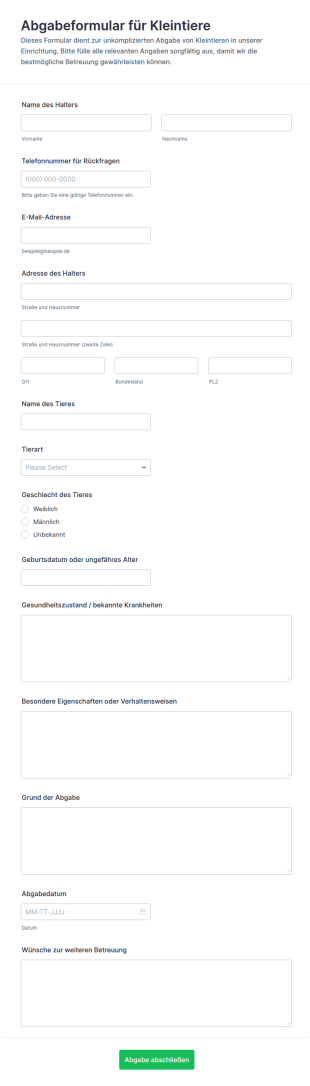 Kleintier Abgabeformular 🐾