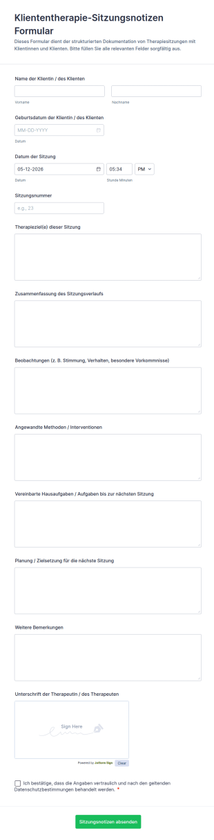 Kliententherapie Sitzungsnotizen Formular