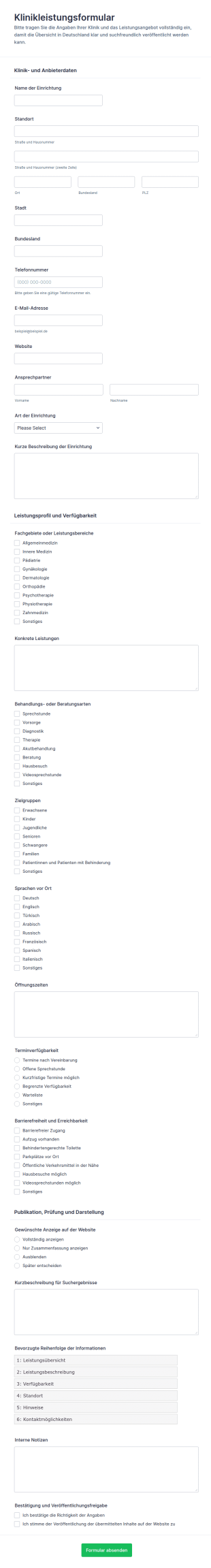 Klinikleistungen Auflistungsformular