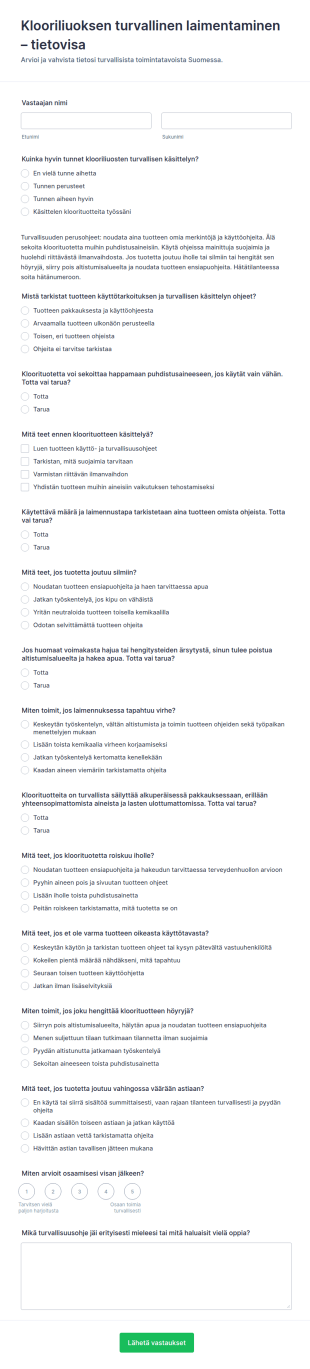 Kloorin Laimennusturvallisuus Kysely