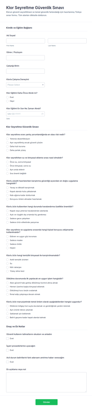 Klor Seyreltme Güvenlik Testi Form Şablonu