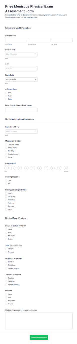 Knee Meniscus Physical Exam Assessment Form Template