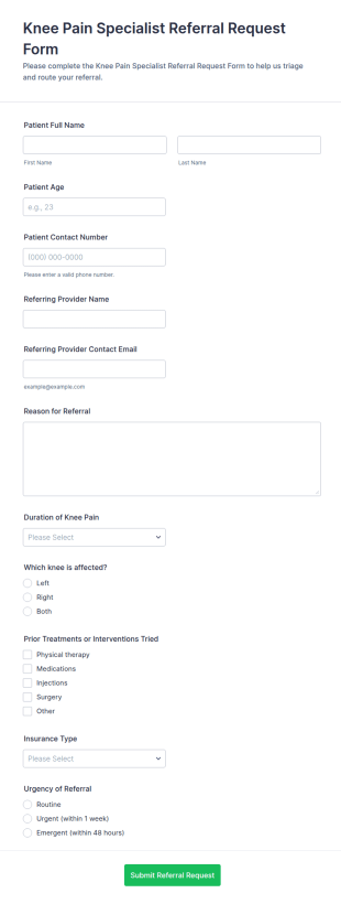 Knee Pain Specialist Referral Request Form Template