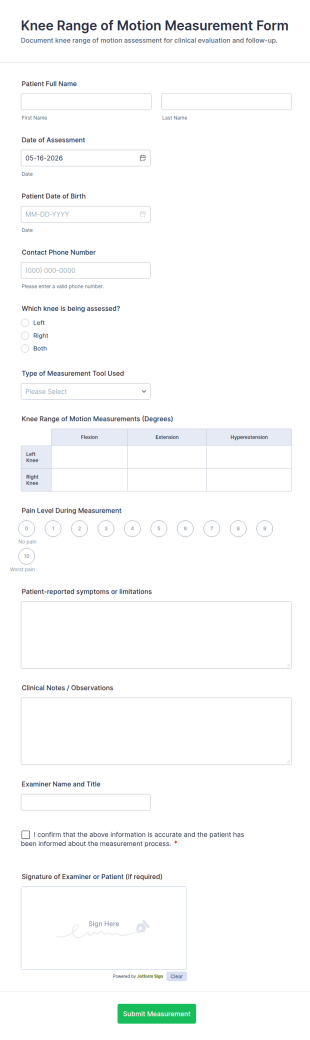 Knee Range Of Motion Measurement Form Template