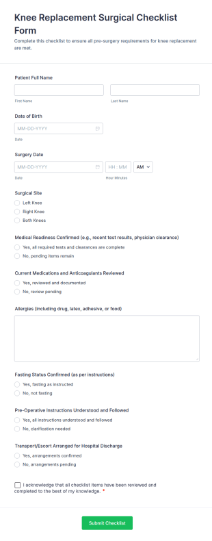 Knee Replacement Surgical Checklist Form Template