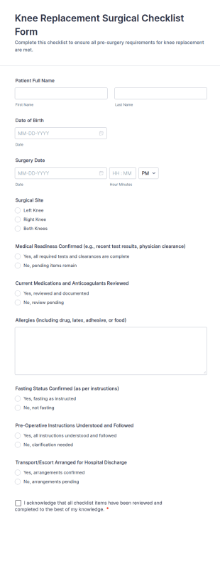 Knee Replacement Surgical Checklist Form Template