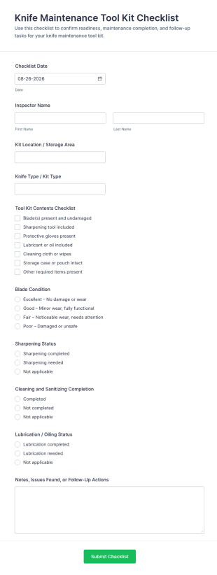 Knife Maintenance Tool Kit Checklist Form Template