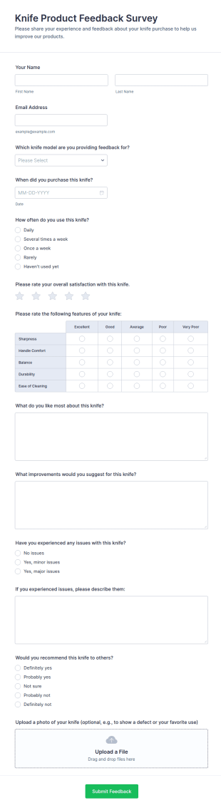 Knife Product Feedback Survey Form Template
