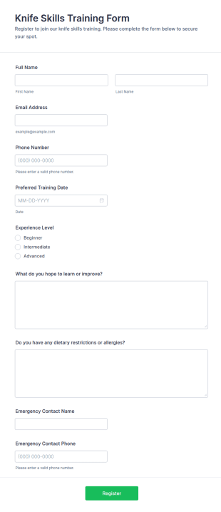 Knife Skills Training Registration Form Template