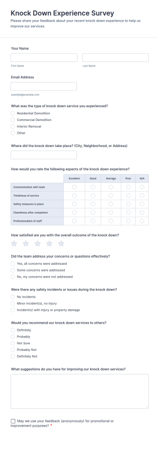 Knock Down Experience Survey Form Template