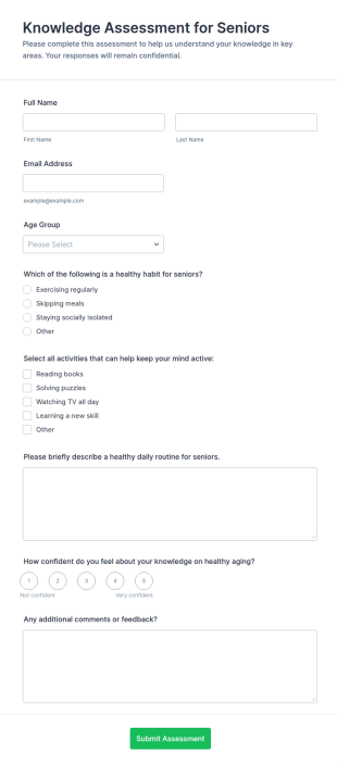 Knowledge Assessment For Seniors Form Template