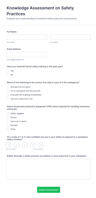 Knowledge Assessment On Safety Practices Form Template