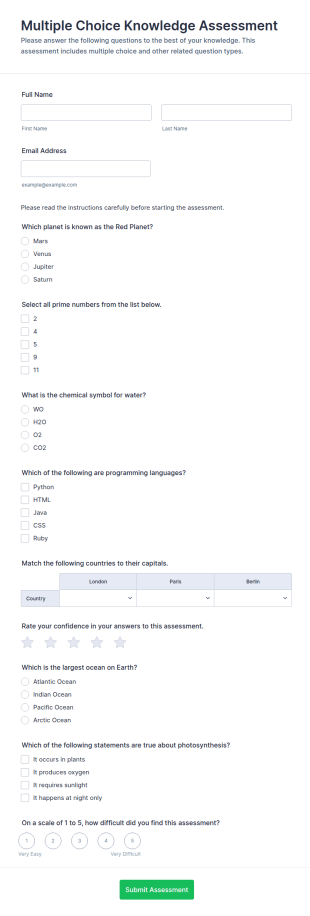 Multiple Choice Knowledge Assessment Form Template