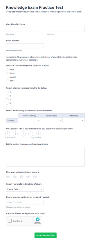 Knowledge Exam Practice Test Form Template