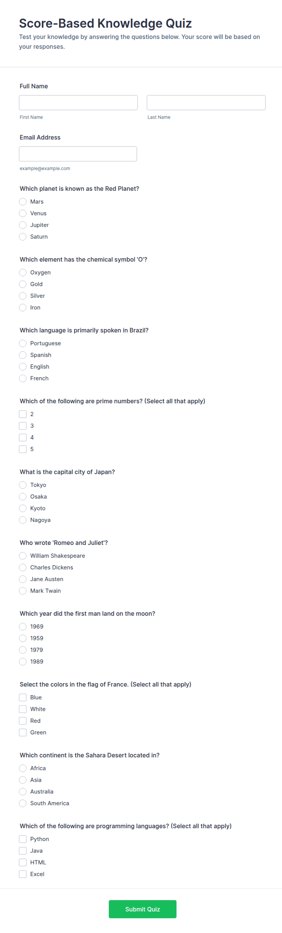 Score-Based Knowledge Quiz Form Template | Jotform