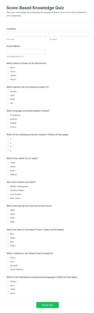 Score Based Knowledge Quiz Form Template