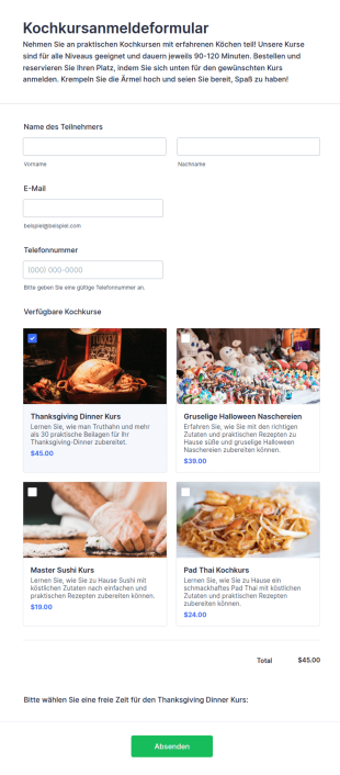 Kochkursanmeldeformular