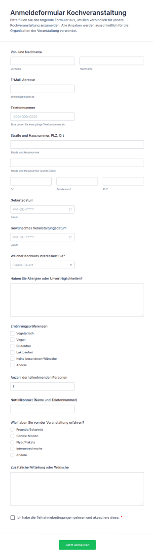 Kochveranstaltungs Anmeldung