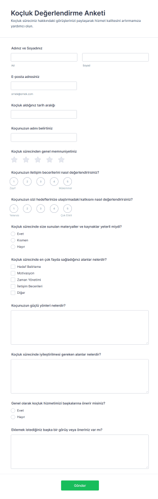 Koçluk Değerlendirme Anketi Form Şablonu