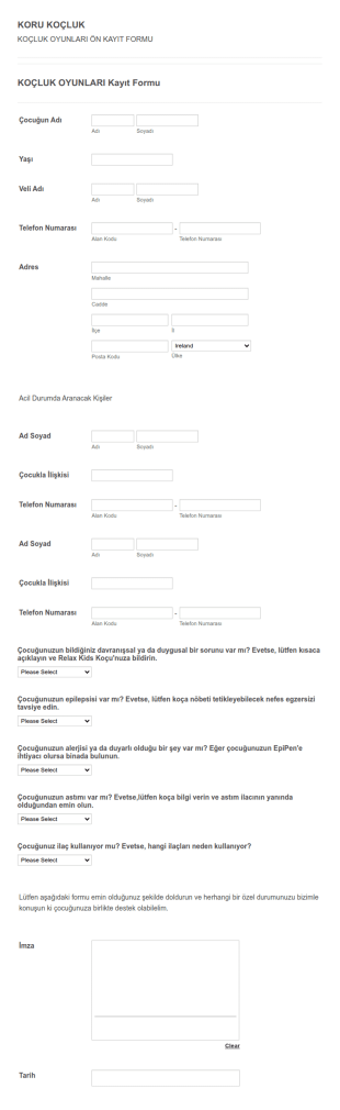 Koçluk Oyunları Kayıt Form Şablonu