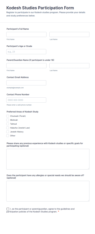 Kodesh Studies Participation Form Template