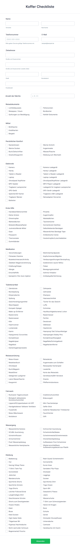 Koffer Checkliste Form Template