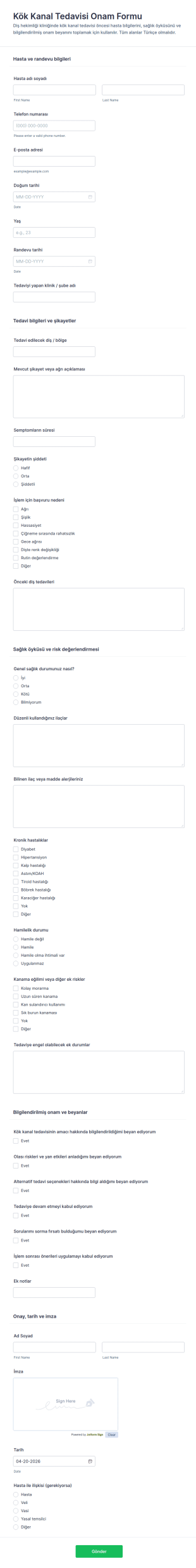 Kök Kanal Tedavisi Onam Form Şablonu
