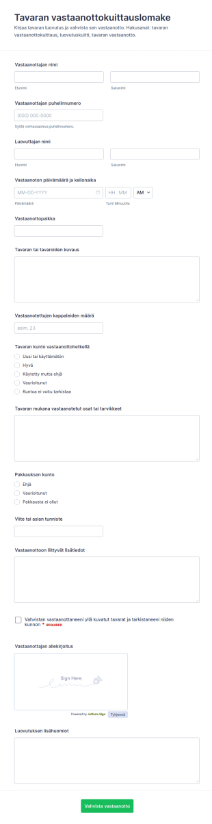Kokoelma Asiakirjan Vastaanottovahvistuslomake