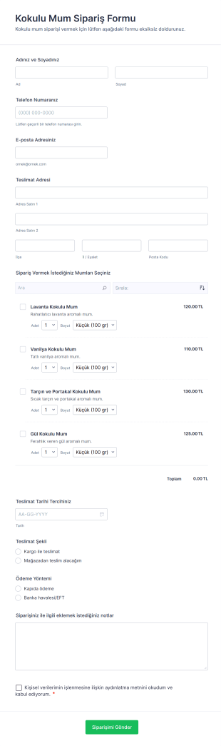 Kokulu Mum Sipariş Form Şablonu