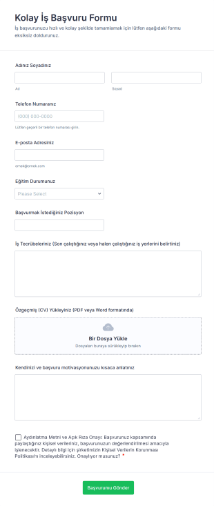 Kolay İş Başvuru Form Template