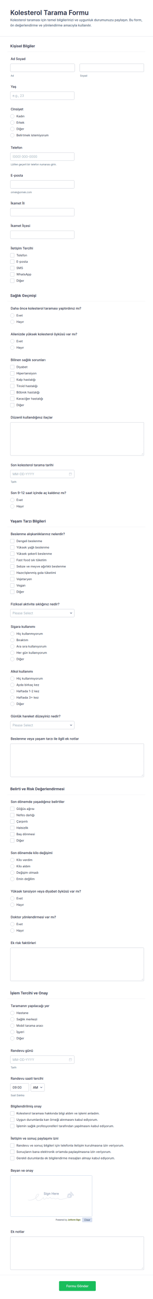 Kolesterol Taraması Anketi Form Şablonu