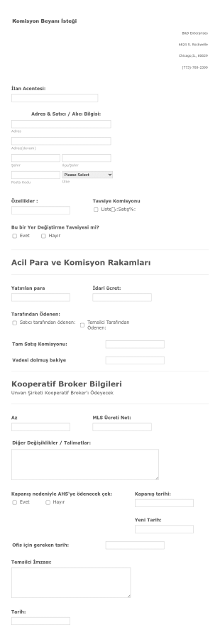 Komisyon Beyanı Talep Form Şablonu