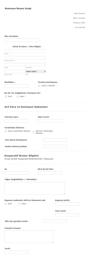 Komisyon Beyanı Talep Form Şablonu
