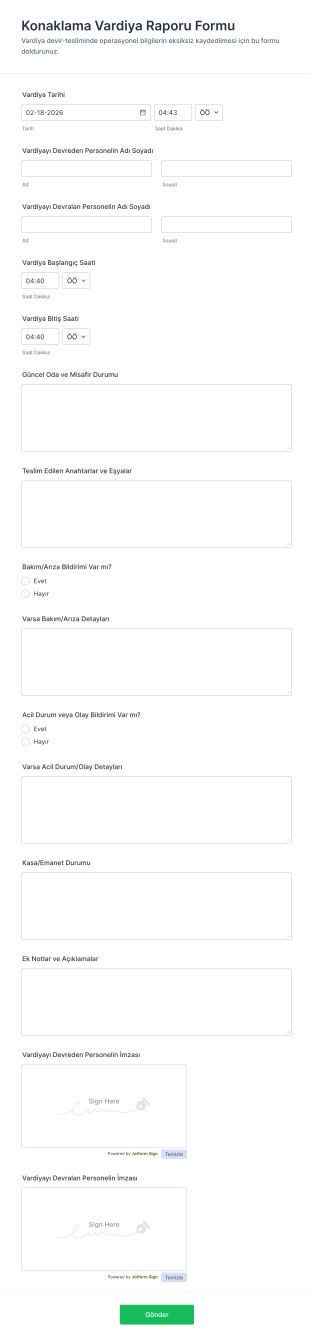 Konaklama Vardiya Raporu Form Şablonu