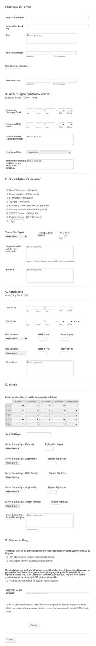 Konferans Rezervasyon Form Şablonu