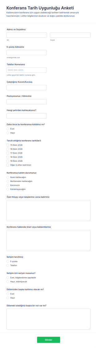 Konferans Tarihi Uygunluk Anketi Form Şablonu