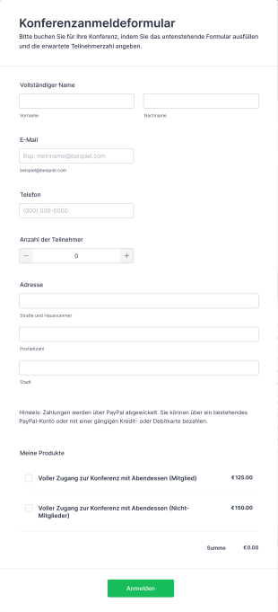 Konferenz Anmeldeformular Mit Zahlung PayPal Standard