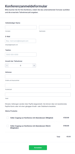 Konferenz Anmeldeformular Mit Zahlung PayPal Standard