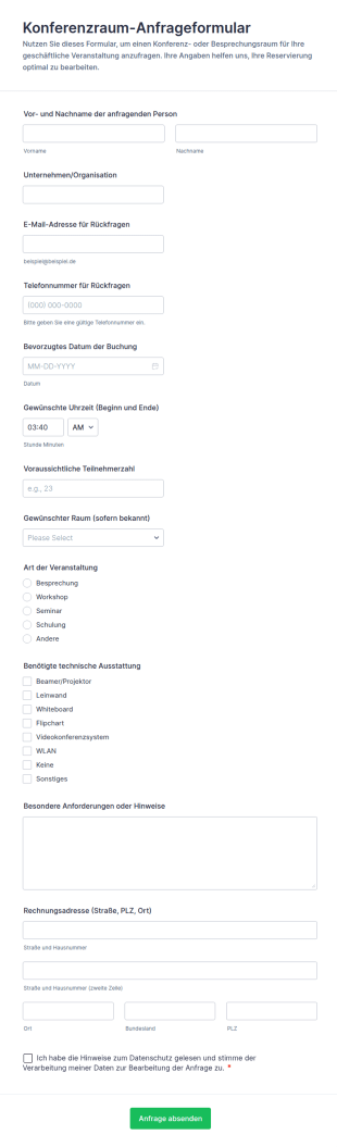 Konferenzraum Anfrage Formular