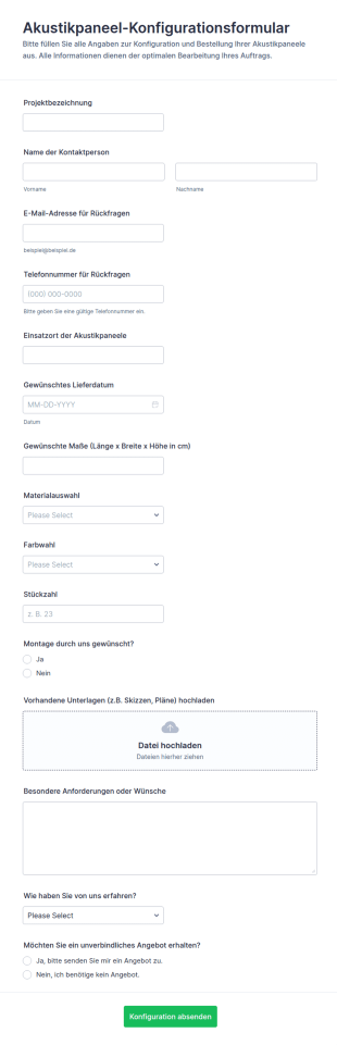 Konfiguration Von Akustikpaneelen Formular
