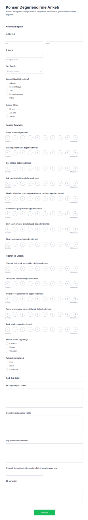 Konser Değerlendirme Anketi Form Şablonu