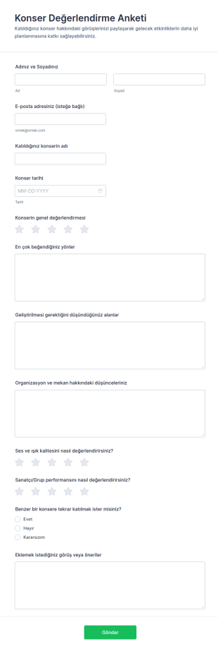 Konser Değerlendirme Anketi Form Şablonu