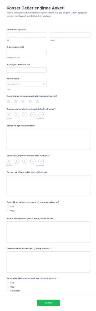 Konser Değerlendirme Anketi Form Şablonu