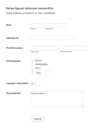 Konserttilippujen Tilauskaavake